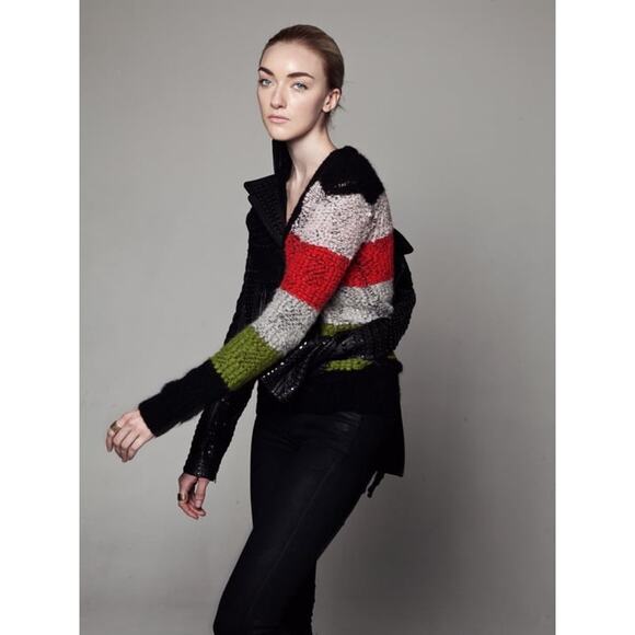 A.L.C. Alpaca Wool Blend Multi Color Stripe Boucle Knit Zipper Cardigan Sweater - Picture 16 of 16